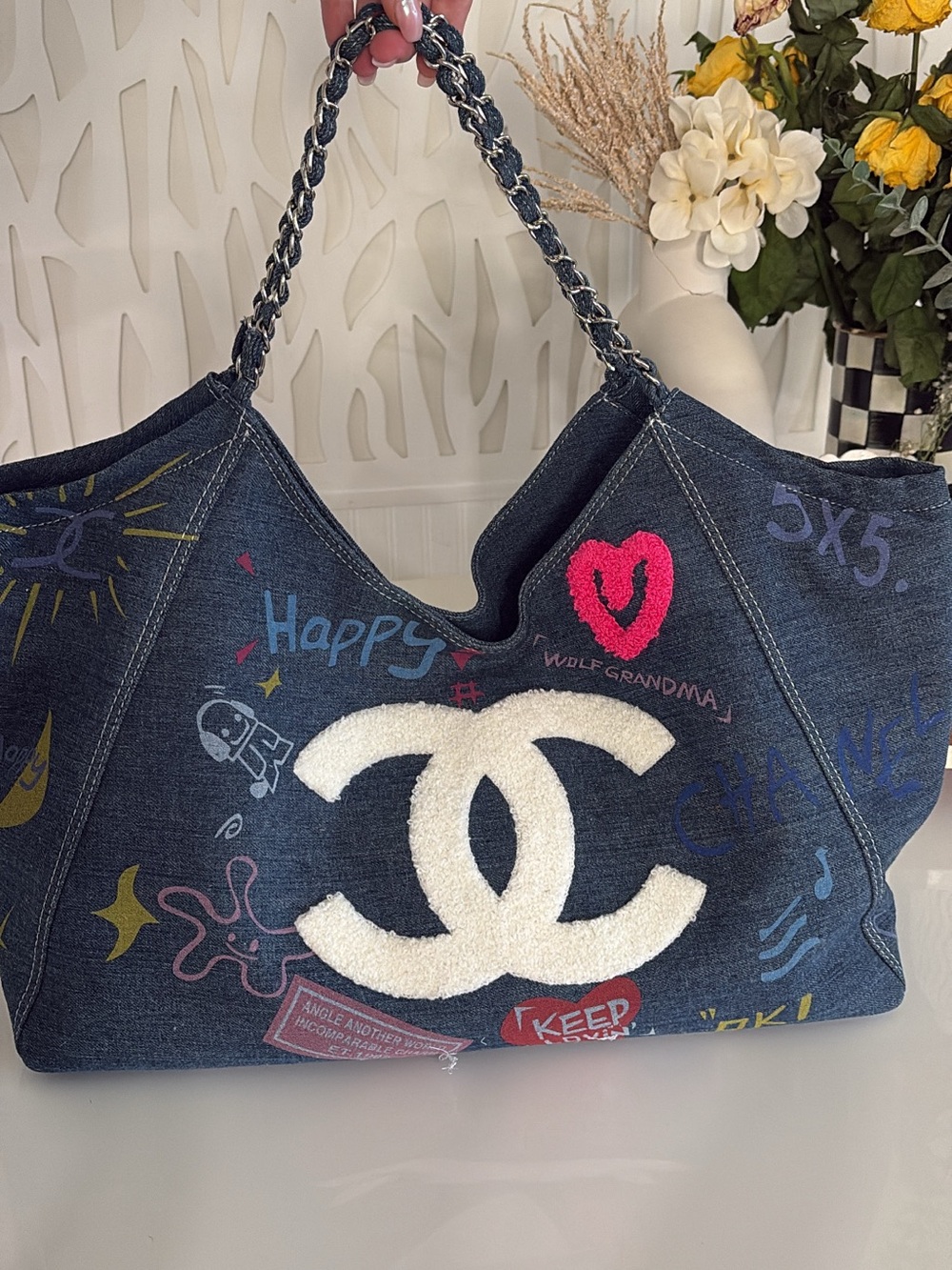CHANEL Fashion Denim Graffiti Tote Bag - Navy with White CC